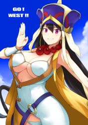 Rule 34 | 1girl, bare shoulders, beads, bikini, bikini top only, black hair, blush, breasts, cleavage, commentary request, day, dress, english text, fate/grand order, fate (series), halcon, hat, highres, large breasts, long hair, looking at viewer, parted lips, prayer beads, purple eyes, sleeveless, smile, solo, swimsuit, underboob, upper body, white background, white bikini, wrist guards, xuangzang sanzang (fate)