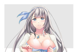 Rule 34 | 1girl, 1other, blue eyes, blush, breasts, cleavage, hand grab, jewelry, large breasts, long hair, looking at viewer, mature female, mylene rapha holfort, necklace, otome game sekai wa mob ni kibishii sekai desu, pov, queen, solo, white hair