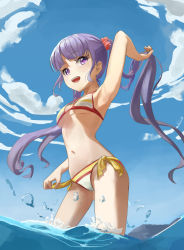 Rule 34 | 1girl, absurdres, alternate hairstyle, bikini, blue sky, breasts, cloud, contrapposto, day, highres, keibi inu, long hair, new game!, outdoors, purple eyes, purple hair, side-tie bikini bottom, sky, small breasts, solo, standing, striped bikini, striped clothes, suzukaze aoba, swimsuit, twintails, wading, water