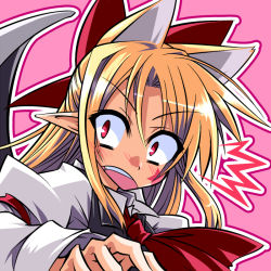 Rule 34 | 1girl, animal ears, ascot, blonde hair, blush, bow, cat ears, cat girl, elis (touhou), facial mark, female focus, hair bow, hemogurobin a1c, hemogurobina1c, highly responsive to prayers, pointy ears, red eyes, solo, star (symbol), surprised, touhou, touhou (pc-98)