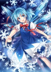 Rule 34 | 1girl, bad id, bad twitter id, blue dress, blue eyes, blue hair, blush, cirno, dress, dutch angle, frills, hagiwara rin, hair ornament, hair ribbon, ice, ice wings, looking at viewer, matching hair/eyes, open mouth, pointing, puffy sleeves, ribbon, short hair, short sleeves, smile, snowflakes, solo, sparkle, touhou, wings