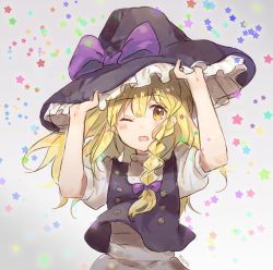 Rule 34 | 1girl, :o, black hat, black vest, blonde hair, bow, brown hair, commentary, hair between eyes, hair ribbon, hands on headwear, hands up, hat, hat bow, kirisame marisa, long hair, looking at viewer, mochii, one eye closed, open mouth, puffy short sleeves, puffy sleeves, purple bow, ribbon, short sleeves, signature, solo, star (symbol), starry background, touhou, tress ribbon, upper body, vest, witch hat