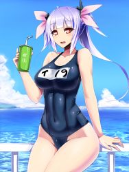 Rule 34 | 10s, 1girl, bare shoulders, blue hair, blush, breasts, covered navel, drink, fang, hair ribbon, highres, i-19 (kancolle), ishimiso (ishimura), kantai collection, large breasts, long hair, looking at viewer, one-piece swimsuit, open mouth, personification, purple hair, red eyes, ribbon, school swimsuit, skin tight, solo, swimsuit, twintails