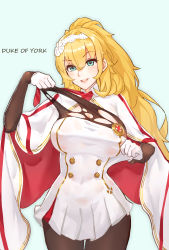 Rule 34 | 1girl, absurdres, aqua eyes, black pantyhose, blonde hair, blue background, blush, breasts, cape, character name, cowboy shot, dress, duke of york (zhan jian shao nyu), english text, flower, gloves, hair between eyes, hairband, head tilt, high ponytail, highres, ili, large breasts, long hair, looking at viewer, pantyhose, pleated dress, solo, tearing clothes, torn clothes, warship girls r, white dress, white gloves