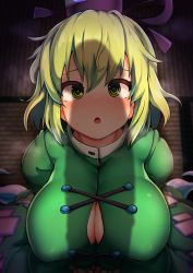 Rule 34 | 1boy, 1girl, blonde hair, blush, breasts, cleavage, dress, from above, green dress, green hair, hat, highres, large breasts, looking at viewer, open mouth, penis shadow, peso (cheese company), pov, puffy sleeves, short hair, soga no tojiko, solo focus, sweat, tatami, tate eboshi, touhou, yellow eyes