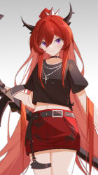 Rule 34 | 1girl, absurdres, arknights, belt, black shirt, choker, closed mouth, crown, hair between eyes, highres, holding, holding sword, holding weapon, horns, huge filesize, l1an9 (user xdpk2425), long hair, looking at viewer, navel, ponytail, purple eyes, red hair, red skirt, rosary, shirt, short sleeves, skirt, smile, solo, surtr (arknights), sword, v-shaped eyebrows, very long hair, weapon