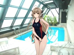 Rule 34 | 10s, 1girl, ahoge, amagi brilliant park, antenna hair, blush, breasts, brown eyes, brown hair, competition swimsuit, hair ribbon, highres, long hair, one-piece swimsuit, open mouth, ponytail, pool, poolside, rei no pool, ribbon, sento isuzu, shiny skin, solo, standing, swimsuit, thighs, water, yellow eyes