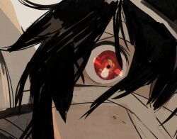 Rule 34 | 1boy, bandaged head, bandages, black hair, child, close-up, commentary, debbie oak, english commentary, eye focus, eye reflection, hair between eyes, highres, hua cheng, implied yaoi, male focus, medium hair, red eyes, reflection, tianguan cifu, wide-eyed