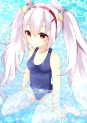 Rule 34 | 1girl, animal ears, azur lane, bare arms, bare shoulders, blue one-piece swimsuit, blush, collarbone, commentary request, day, hair between eyes, hair ornament, hairband, laffey (azur lane), long hair, misaki (misaki86), no shoes, old school swimsuit, one-piece swimsuit, outdoors, parted lips, partially submerged, rabbit ears, red eyes, red hairband, school swimsuit, silver hair, sitting, solo, sparkle, swimsuit, thighhighs, twintails, very long hair, wariza, water, white thighhighs