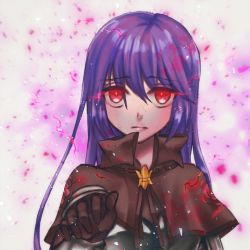 Rule 34 | 1girl, bio lab, brown capelet, brown gloves, capelet, chest guard, closed mouth, commentary, egnigem cenia, expressionless, floral print, gauntlets, gloves, hair between eyes, long hair, looking at viewer, purple hair, ragnarok online, red eyes, red lightning, rose print, shirokuro (erisnoa), solo, swordsman (ragnarok online), upper body