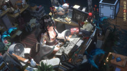 Rule 34 | 1girl, absurdres, animal, animal on lap, bird, black hair, blunt bangs, book, breasts, cat, cleavage, coffee mug, couch, cup, desk lamp, drawing tablet, electric fan, electric guitar, from above, gibson les paul, guitar, hair ornament, hair rings, headphones, headphones removed, highres, ibara dance, indoors, instrument, japanese clothes, kachou fuugetsu (onmyoji), keyboard (computer), kimono, lamp, long hair, medium breasts, mole, mole under eye, monitor, mug, on lap, onmyoji, open book, pencil, pencil case, plant, potted plant, red eyes, scissors, sitting, smile, solo, stylus, tablet pc, tissue box, wooden floor