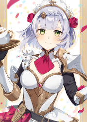 Rule 34 | 1girl, absurdres, armor, ascot, bad id, bad pixiv id, braid, breasts, cleavage, closed mouth, commentary request, flower, genshin impact, green eyes, hair flower, hair ornament, hands up, highres, holding, holding plate, looking at viewer, maid, maid headdress, medium breasts, noelle (genshin impact), plate, red ascot, rose, short hair, shoulder armor, silver hair, smile, solo, sumeshiruko, teapot, upper body