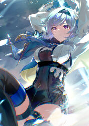 Rule 34 | 1girl, arms up, black hairband, black headband, blue cape, blue gloves, blue hair, blue necktie, bodystocking, breasts, cape, chest harness, eula (genshin impact), genshin impact, gloves, hair ornament, hairband, harness, headband, high-waist shorts, highres, icedango (dpopic3), long sleeves, medium breasts, medium hair, necktie, shorts, sidelocks, solo, thigh strap, thighhighs, thighs, yellow eyes