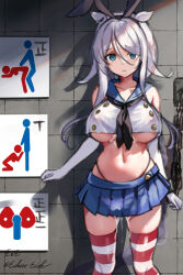 1girl aftersex black_neckerchief black_panties blue_eyes blue_sailor_collar blue_skirt breasts chain cosplay crop_top cum eckert&amp;eich elbow_gloves gloves grey_hair highleg highleg_panties highres kantai_collection large_breasts long_hair looking_at_viewer microskirt neckerchief panties pleated_skirt pussy_juice sailor_collar shimakaze_(kancolle) shimakaze_(kancolle)_(cosplay) sign skirt solo striped_clothes striped_thighhighs thighhighs twitter_username umikaze_(kancolle) umikaze_kai_ni_(kancolle) underwear very_long_hair white_gloves