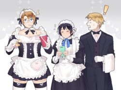 Rule 34 | !, 3boys, ^^^, ahoge, alternate costume, america (hetalia), anger vein, apron, axis powers hetalia, black hair, black thighhighs, blank eyes, blonde hair, blue bow, blue bowtie, blue eyes, bow, bowtie, butler, character name, closed eyes, crossdressing, cup, detached collar, detached sleeves, disposable cup, doughnut, drink, drinking straw, drinking straw in mouth, enmaided, flying sweatdrops, food, formal, glasses, gloves, holding, holding phone, holding towel, japan (hetalia), looking ahead, looking at another, maid, maid apron, maid headdress, male focus, multiple boys, pectoral cleavage, pectorals, phone, short hair, suit, tailcoat, thick eyebrows, thighhighs, to@st, towel, tuxedo, two-tone thighhighs, united kingdom (hetalia), white gloves, white thighhighs, white towel
