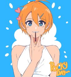 Rule 34 | 1girl, ahoge, bare shoulders, blue eyes, dress, food, grin, hair between eyes, hair ornament, hairclip, highres, ivo k, looking at viewer, mouth hold, notice lines, orange hair, original, pocky, pocky day, short hair, smile, solo, upper body, v over mouth, white dress