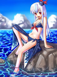 Rule 34 | 1girl, :d, alternate costume, anklet, arm support, bad id, bad pixiv id, barefoot, beach, bikini, blue bikini, blue hair, breasts, cleavage, cloud, collarbone, day, female focus, front-tie top, hat, jewelry, kamishirasawa keine, long hair, medium breasts, multicolored hair, navel, open mouth, outdoors, red eyes, rock, sarong, sitting, sky, smile, soaking feet, solo, swimsuit, tks (526tks), touhou, two-tone hair, water, white hair