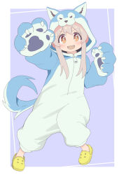 Rule 34 | 1girl, :d, animal costume, animal ears, animal hands, blue background, brown eyes, commentary request, crocs, fangs, full body, gloves, grey hair, hair between eyes, highres, hood, hood up, light blush, long hair, looking at viewer, onesie, onii-chan wa oshimai!, open mouth, oyama mahiro, paw gloves, rundraw, sidelocks, simple background, smile, solo, tail, wolf costume, wolf ears, wolf hood, wolf tail, yellow footwear, zipper pull tab