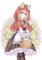 Rule 34 | 1girl, animal ear fluff, animal ears, apron, basket, black footwear, black skirt, blush, boots, brown eyes, capelet, closed mouth, commentary request, cosplay, cross-laced footwear, ears through headwear, flower, frilled skirt, frills, hair between eyes, holding, holding basket, hood, hood up, hooded capelet, knee boots, lace-up boots, little red riding hood, little red riding hood (grimm), little red riding hood (grimm) (cosplay), long hair, long sleeves, looking at viewer, original, pink flower, pink hair, pleated skirt, red capelet, shirt, skirt, sleeves past wrists, smile, solo, waist apron, wataame27, white apron, white background, white shirt, wolf-chan (wataame27), wolf ears, yellow flower
