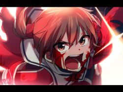 Rule 34 | 1girl, angry, asada hachi, backlighting, blood, blood on clothes, blood on face, blurry, brown hair, commentary request, dated commentary, deep wound, depth of field, hair between eyes, injury, jacket, letterboxed, looking at viewer, magical girl, minowa gin, open mouth, ponytail, red jacket, side ponytail, solo, teeth, tongue, twitter username, upper body, washio sumi wa yuusha de aru, watermark, yuusha de aru