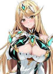 Rule 34 | 1girl, argento03562990, breasts, cleavage, highres, huge breasts, mythra (xenoblade), simple background, solo, white background, xenoblade chronicles (series), xenoblade chronicles 2