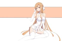 Rule 34 | 13824254wer, asuna (sao), bare shoulders, blush, braid, breasts, cleavage, gloves, hair ribbon, highres, large breasts, long hair, looking at viewer, panties, red eyes, red hair, ribbon, signature, sitting, sword art online, sword art online: alicization, thighhighs, thighs, underwear, very long hair, white background