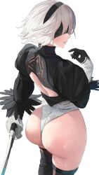 Rule 34 | 1girl, ass, asurada yui, blindfold, from above, from behind, gloves, hairband, highres, huge ass, leotard, looking back, nier:automata, nier (series), short hair, smile, solo, sword, thighhighs, thong, thong leotard, weapon, white hair, 2b (nier:automata)