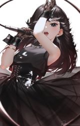 Rule 34 | 1girl, black dress, black eyes, black gloves, black hair, corset, dress, earrings, gloves, highres, jewelry, long hair, looking at viewer, microphone, music, nakamori akina, open mouth, real life, ryota (ry o ta), signature, singing, solo, white background, wrist cuffs