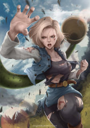 Rule 34 | 1girl, android 18, artist name, battle, belt, black shirt, blonde hair, blood, blood on face, blue eyes, cell (dragon ball), clenched hand, cloud, day, deviantart username, dragon ball, dragonball z, earrings, fighting stance, jewelry, leggings, lens flare, magion02, miniskirt, outdoors, pantyhose, running, semi-perfect cell, shirt, signature, skirt, sky, solo focus, tail, torn clothes, torn legwear, torn shirt, tree, vest, watermark, web address