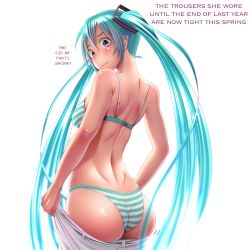 Rule 34 | 1girl, aqua eyes, aqua hair, ass, ass support, back, backlighting, bare shoulders, blush, bra, breasts, cowboy shot, from behind, hair between eyes, hard-translated, hatsune miku, highres, huge ass, long hair, looking back, medium breasts, panties, simple background, solo, striped bra, striped clothes, striped panties, third-party edit, translated, twintails, underwear, very long hair, vocaloid, white background, wide hips, wokada