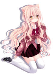Rule 34 | 1girl, animal ears, arm at side, bad id, bad pixiv id, black footwear, blazer, blonde hair, blush, bow, bowtie, cat ears, closed mouth, collared jacket, full body, hair between eyes, hand up, jacket, long hair, long sleeves, looking at viewer, low twintails, mary janes, nanase kureha, nanase nao, original, pinching sleeves, purple bow, purple bowtie, red jacket, school uniform, shirt, shoes, simple background, sitting, sleeves past wrists, solo, sparkle, thighhighs, twintails, very long hair, white background, white shirt, white thighhighs, yellow eyes