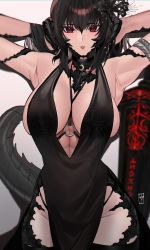 Rule 34 | 1girl, absurdres, armpits, arms up, au ra, warrior of light (ff14), black choker, black dress, black hair, blush, breasts, choker, cleavage, dragon horns, dragon tail, dress, final fantasy, final fantasy xiv, hands in hair, highres, horns, j.moon, large breasts, looking at viewer, o-ring, parted lips, red eyes, reptile girl, solo, tail