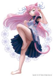 Rule 34 | 1girl, animal ears, barefoot, blue dress, blue ribbon, bottomless, breasts, cat ears, cat girl, dress, fang, full body, green eyes, hair ornament, hair ribbon, hands up, hou no ka, leg up, long hair, looking at viewer, medium breasts, original, pink hair, pink tail, ribbon, simple background, solo, standing, tail, teeth, upper teeth only, white background
