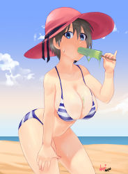 Rule 34 | 1girl, absurdres, beach, bikini, blue eyes, breasts, cleavage, day, food, food on body, food on breasts, grey hair, hair between eyes, hat, highres, large breasts, leaning forward, looking at viewer, nagainosfw, outdoors, popsicle, short hair, solo, striped bikini, striped clothes, sweat, swimsuit, uzaki-chan wa asobitai!, uzaki hana