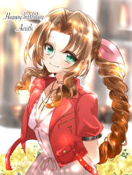 Rule 34 | 1girl, aerith gainsborough, belt, braid, breasts, brown hair, buttons, chisa 02, choker, church, cleavage, dress, female focus, field, final fantasy, final fantasy vii, final fantasy vii remake, flower, flower field, green eyes, highres, jacket, jewelry, lily (flower), necklace, pink dress, pocket, puffy sleeves, red jacket, ribbon, solo, square enix, wavy hair, yellow flower, zipper