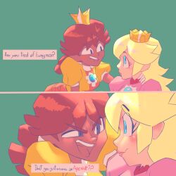 Rule 34 | 2girls, 2koma, absurdres, are you tired of being nice? (meme), blonde hair, blue eyes, brown hair, comic, crown, dress, english text, gloves, green background, highres, kibitoayame, mario (series), meme, multiple girls, nintendo, open mouth, pink dress, princess daisy, princess peach, profile, puffy short sleeves, puffy sleeves, short sleeves, simple background, smile, super mario bros. 1, super mario land, super smash bros., upper body, white gloves, yellow dress
