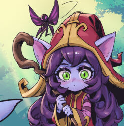 Rule 34 | 1girl, closed mouth, colored skin, commentary, dress, ears through headwear, english commentary, fairy, green eyes, holding, holding staff, league of legends, long hair, long sleeves, lulu (league of legends), outdoors, phantom ix row, pink eyes, pix (league of legends), pointy ears, purple hair, purple skin, red dress, red headwear, solo, staff, tree, upper body, wings, yordle