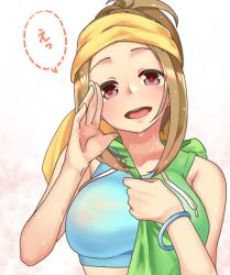 Rule 34 | 1girl, arm up, blonde hair, breasts, check commentary, commentary, commentary request, exercising, idolmaster, idolmaster cinderella girls, kurushima gire, large breasts, looking at viewer, manabe itsuki, open mouth, pink eyes, ponytail, removing jacket, sidelocks, sleeveless, sports bra, steam, steaming body, sweat, translation request, upper body, workout clothes
