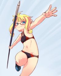 Rule 34 | 1girl, armpits, blonde hair, blue background, blue eyes, breasts, commentary request, elf, glasses, hondarai, javelin, midriff, navel, original, outstretched arms, pointy ears, shoes, short hair with long locks, sidelocks, small breasts, solo, speed lines, sports bra, sportswear, standing, standing on one leg, stomach, throwing
