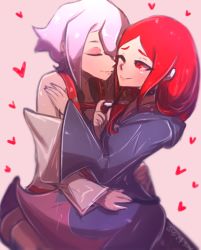 Rule 34 | 2girls, blush, chariot du nord, couple, croix meridies, english text, heart, highres, hug, imminent kiss, kiss, little witch academia, multiple girls, omiza somi, pink background, purple hair, red hair, robe, simple background, ursula callistis, watermark, witch, yuri