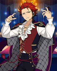 Rule 34 | 1boy, black hair, black nails, blurry, blurry background, buttons, candle, coat, coat on shoulders, cowgirl position, earrings, ensemble stars!, fingernails, frills, green eyes, happy elements, headset, jewelry, long sleeves, male focus, multicolored hair, official art, red hair, scarlet halloween (ensemble stars!), solo, straddling, streaked hair, teeth, third-party edit, third-party watermark, vest