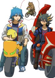 Rule 34 | 2boys, absurdres, animal, bear, belt, bicycle, black hair, blue eyes, blue hair, blue jacket, boots, brown footwear, bruno (yu-gi-oh!), commentary request, d-wheel, denim, expressionless, facial mark, facial tattoo, fudou yuusei, grey eyes, helmet, high collar, highres, holding, image in thought bubble, jacket, jeans, knee pads, looking at another, male focus, marking on cheek, motor vehicle, motorcycle, motorcycle helmet, multicolored hair, multiple boys, open clothes, open jacket, open mouth, pants, riding, riding bicycle, shoes, short hair, shoulder pads, simple background, sitting, sleeves rolled up, smile, sneakers, spiked hair, streaked hair, tattoo, thought bubble, unworn headwear, unworn helmet, white background, white footwear, youko-shima, yu-gi-oh!, yu-gi-oh! 5d&#039;s
