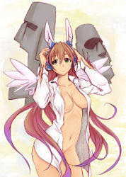 Rule 34 | 1girl, animal ears, arms up, breasts, brown hair, rabbit ears, collarbone, female focus, green eyes, large breasts, long hair, moai, naked shirt, navel, noname (nowhere), open clothes, open mouth, open shirt, original, rumi (netyhobby), shirt, solo, standing, very long hair, wings