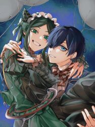 Rule 34 | 1boy, 1girl, bishounen, blue background, blue eyes, blue hair, blue jacket, bow, bowtie, brown bow, brown bowtie, carrying, carrying person, ciel phantomhive, cone hair bun, dark blue hair, dress, earrings, eyepatch, fingerless gloves, frilled hairband, frills, gloves, gothic lolita, green dress, green eyes, green hair, green hairband, green ribbon, hair bun, hair over one eye, hairband, hand on another&#039;s shoulder, highres, jacket, jewelry, kuroshitsuji, lolita fashion, long hair, long sleeves, looking at viewer, plaid, plaid bow, plaid bowtie, puffy long sleeves, puffy sleeves, ribbon, ring, short hair, sidelocks, sieglinde sullivan, smile, solo, swept bangs, teeth, yumoshengge5232