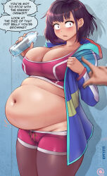Rule 34 | 1girl, 1other, areola slip, artist name, belly, black hair, black pantyhose, blue jacket, blush, bottle, breasts, collarbone, commentary, english commentary, fat, gym shorts, hair behind ear, highres, holding, holding bottle, hood, hood down, hooded jacket, jacket, kipteitei, large breasts, looking at viewer, mikazuki shizuka, navel, open mouth, pantyhose, patreon logo, pink eyes, pink shorts, pink sports bra, short hair, shorts, solo focus, speech bubble, sports bra, surprised, sweatdrop, water bottle, wide-eyed, zom 100: zombie ni naru made ni shitai 100 no koto