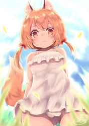 Rule 34 | 1girl, :&lt;, ahoge, animal ear fluff, animal ears, bare arms, bare shoulders, blue sky, blurry, blush, bow, cameltoe, chita (ketchup), closed mouth, collarbone, day, depth of field, dress, eyelashes, fox ears, fox girl, fox tail, frilled dress, frills, from below, gluteal fold, grass, hair bow, highres, looking at viewer, low twintails, original, outdoors, panties, pantyshot, petite, red bow, red eyes, signature, sky, sleeveless, sleeveless dress, solo, standing, sundress, tail, tareme, twintails, underwear, white dress, white panties