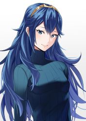 Rule 34 | 1girl, ameno (a meno0), blue hair, blue sweater, breasts, fire emblem, fire emblem awakening, hair between eyes, long hair, long sleeves, looking at viewer, lucina (fire emblem), nintendo, small breasts, smile, sweater, symbol-shaped pupils, tiara, upper body, white background