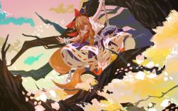 Rule 34 | 1girl, belt, black footwear, bow, chain, commentary, from below, full body, hair bow, highres, horn bow, horn ornament, horn ribbon, horns, ibuki suika, in tree, legs apart, lingxi077, long hair, looking at viewer, looking down, multicolored clothes, multicolored skirt, neckerchief, oni horns, orange hair, petals, purple ribbon, purple skirt, red bow, red neckerchief, ribbon, ribbon-trimmed skirt, ribbon trim, shirt, shoe soles, shoes, skirt, smile, solo, standing, teeth, torn clothes, torn sleeves, touhou, tree, upper teeth only, very long hair, white bow, white shirt, white skirt, wrist cuffs