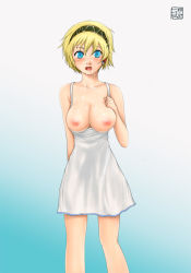 Rule 34 | 1girl, aegis (persona), atlus, blonde hair, blue eyes, blush, breasts, clothes pull, cum, cum on body, cum on breasts, cum on upper body, dress, dress pull, facial, hairband, open mouth, persona, persona 3, short hair, so-seiji, topless