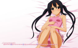 Rule 34 | 1girl, black hair, brown eyes, calendar, cameltoe, casual one-piece swimsuit, highres, k-on!, leotard, long hair, nakano azusa, one-piece swimsuit, pink one-piece swimsuit, solo, sugimura tomokazu, swimsuit, tan, twintails, wallpaper